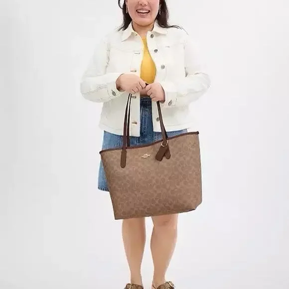 NWT COACH 🔥City Tote In Signature Canvas Gold/Tan/Brown CV976 - Picture 8 of 10